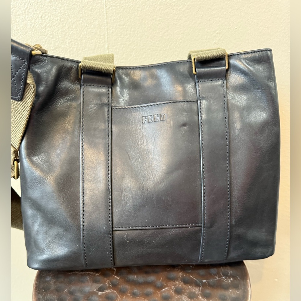 FEED Black Soft Leather Crossbody Tote Bag with Canvas Strap - Picture 2 of 11